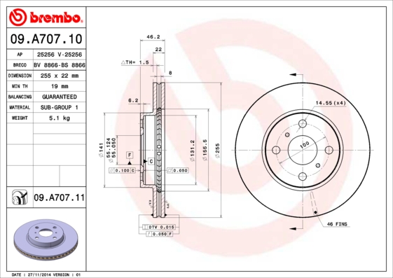 A.B.S. 09.A707.11 BREMBO COATED DISC LINE Bremsscheibe