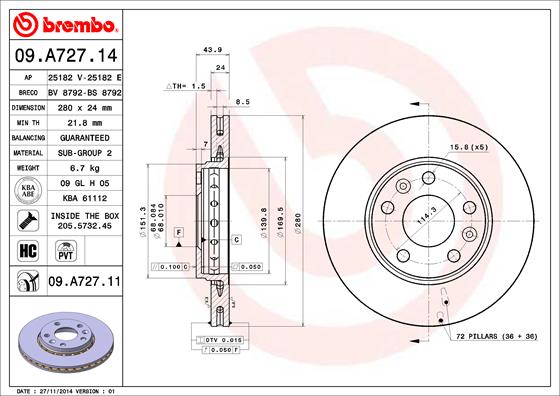 A.B.S. 09.A727.11 BREMBO COATED DISC LINE Bremsscheibe