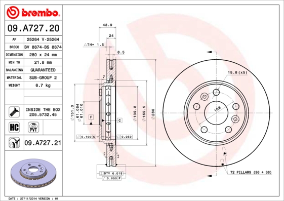 A.B.S. 09.A727.21 BREMBO COATED DISC LINE Bremsscheibe