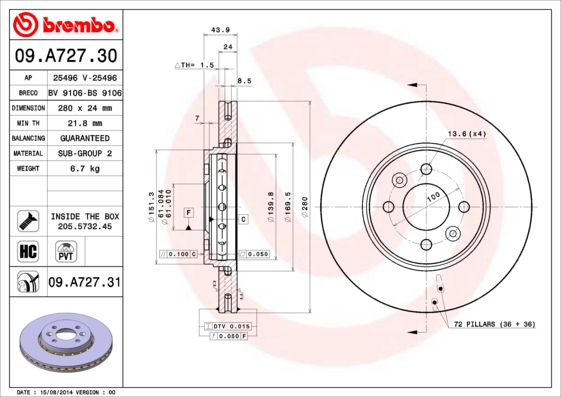 A.B.S. 09.A727.31 BREMBO COATED DISC LINE Bremsscheibe