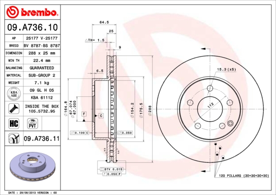 A.B.S. 09.A736.11 BREMBO COATED DISC LINE Bremsscheibe