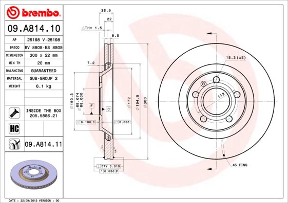 A.B.S. 09.A814.11 BREMBO COATED DISC LINE Bremsscheibe