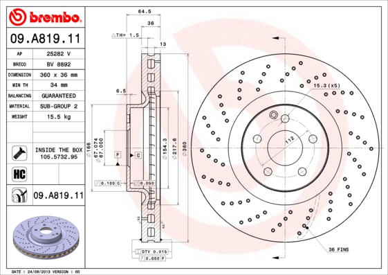 A.B.S. 09.A819.11 BREMBO COATED DISC LINE Bremsscheibe