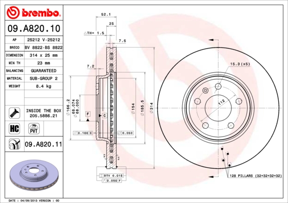 A.B.S. 09.A820.11 BREMBO COATED DISC LINE Bremsscheibe