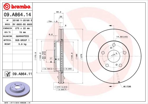 A.B.S. 09.A864.11 BREMBO COATED DISC LINE Bremsscheibe