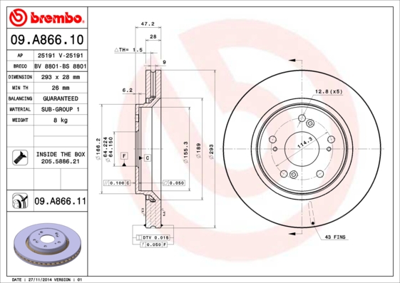 A.B.S. 09.A866.11 BREMBO COATED DISC LINE Bremsscheibe