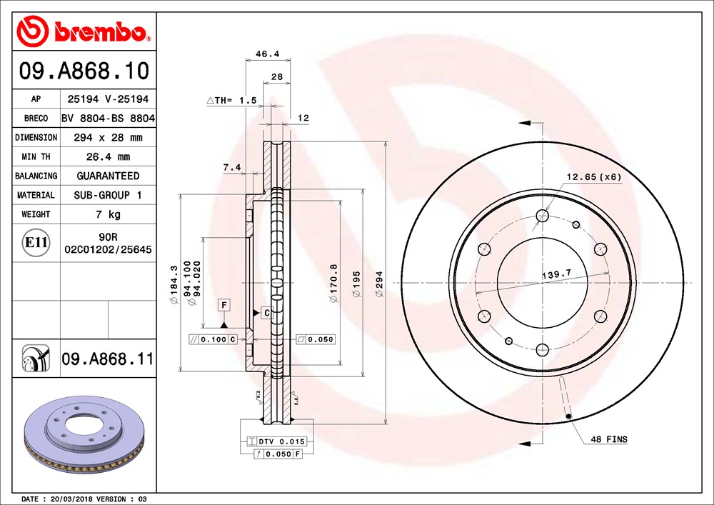 A.B.S. 09.A868.11 BREMBO COATED DISC LINE Bremsscheibe