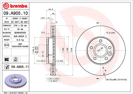 A.B.S. 09.A905.11 BREMBO COATED DISC LINE Bremsscheibe