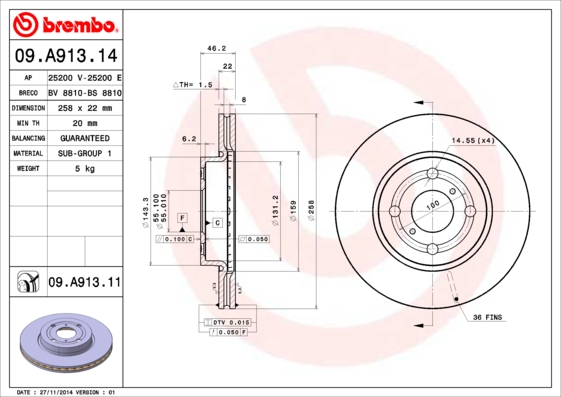 A.B.S. 09.A913.11 BREMBO COATED DISC LINE Bremsscheibe