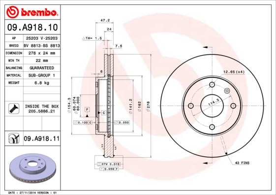 A.B.S. 09.A918.11 BREMBO COATED DISC LINE Bremsscheibe