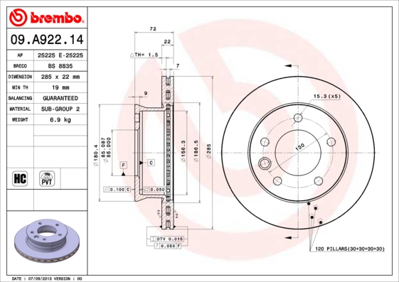 A.B.S. 09.A922.14 BREMBO Bremsscheibe