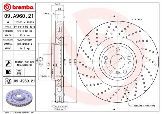 A.B.S. 09.A960.21 BREMBO COATED DISC LINE Bremsscheibe