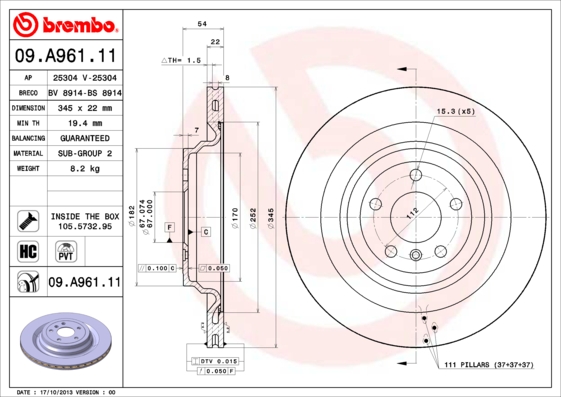 A.B.S. 09.A961.11 BREMBO COATED DISC LINE Bremsscheibe