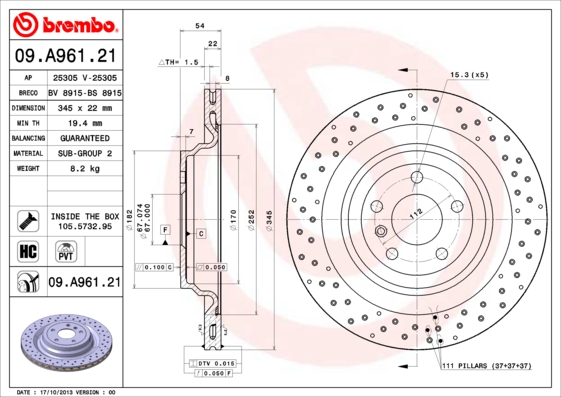 A.B.S. 09.A961.21 BREMBO COATED DISC LINE Bremsscheibe