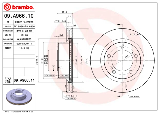 A.B.S. 09.A966.11 BREMBO COATED DISC LINE Bremsscheibe
