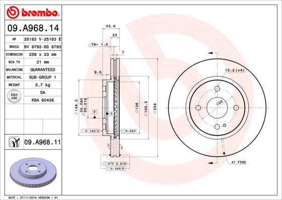 A.B.S. 09.A968.11 BREMBO COATED DISC LINE Bremsscheibe