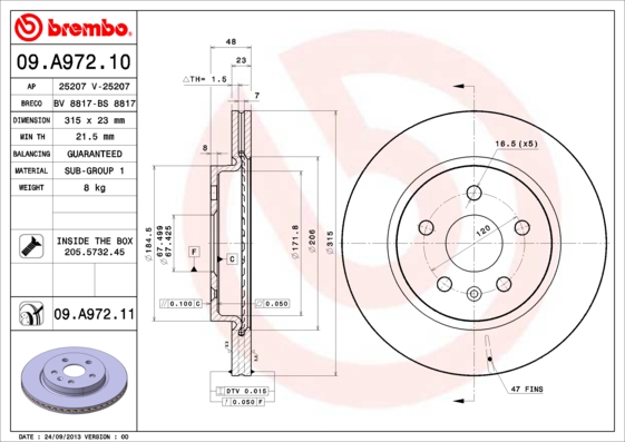 A.B.S. 09.A972.11 BREMBO COATED DISC LINE Bremsscheibe