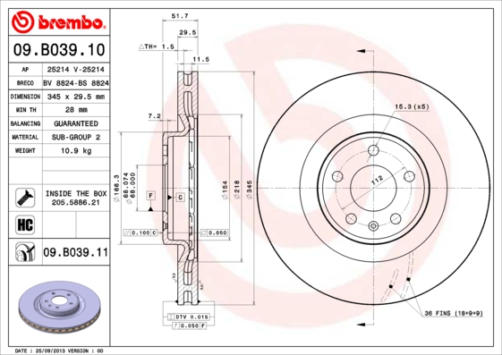 A.B.S. 09.B039.11 BREMBO COATED DISC LINE Bremsscheibe