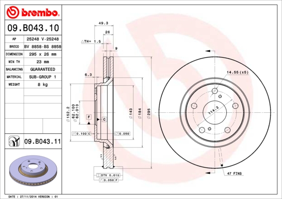 A.B.S. 09.B043.11 BREMBO COATED DISC LINE Bremsscheibe