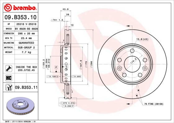 A.B.S. 09.B353.11 BREMBO COATED DISC LINE Bremsscheibe