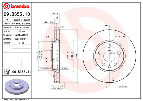 A.B.S. 09.B355.11 BREMBO COATED DISC LINE Bremsscheibe