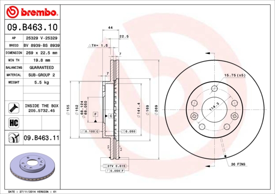 A.B.S. 09.B463.11 BREMBO COATED DISC LINE Bremsscheibe