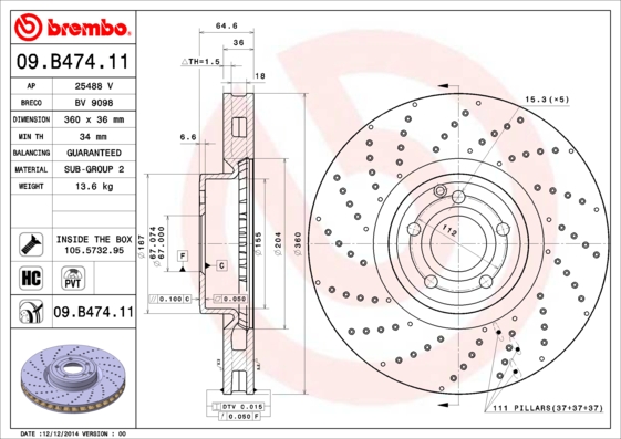A.B.S. 09.B474.11 BREMBO COATED DISC LINE Bremsscheibe