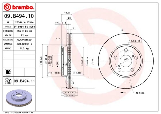 A.B.S. 09.B494.11 BREMBO COATED DISC LINE Bremsscheibe