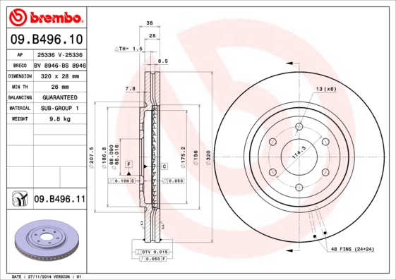 A.B.S. 09.B496.11 BREMBO COATED DISC LINE Bremsscheibe