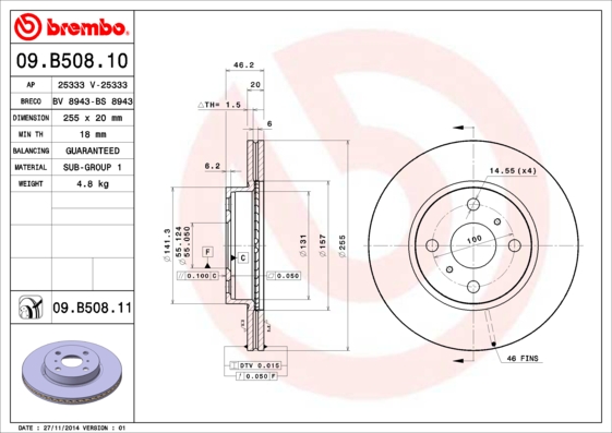 A.B.S. 09.B508.11 BREMBO COATED DISC LINE Bremsscheibe