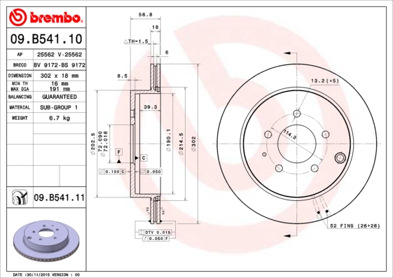 A.B.S. 09.B541.11 BREMBO COATED DISC LINE Bremsscheibe