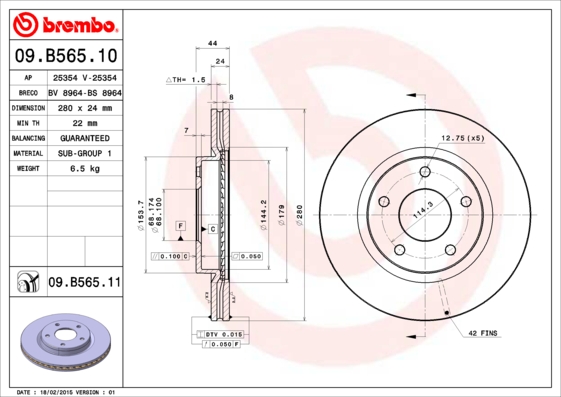 A.B.S. 09.B565.11 BREMBO COATED DISC LINE Bremsscheibe
