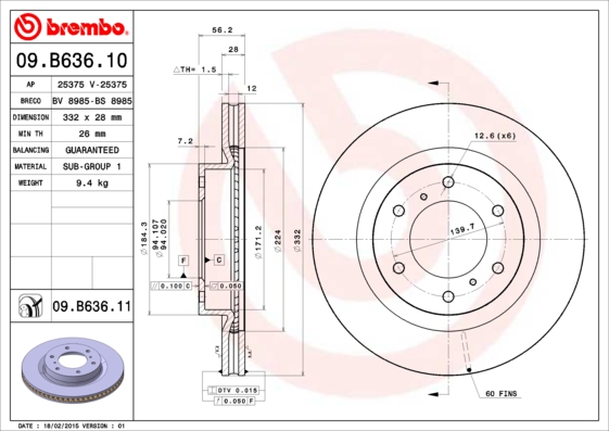 A.B.S. 09.B636.11 BREMBO COATED DISC LINE Bremsscheibe