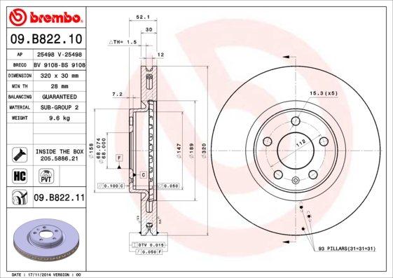 A.B.S. 09.B822.11 BREMBO COATED DISC LINE Bremsscheibe