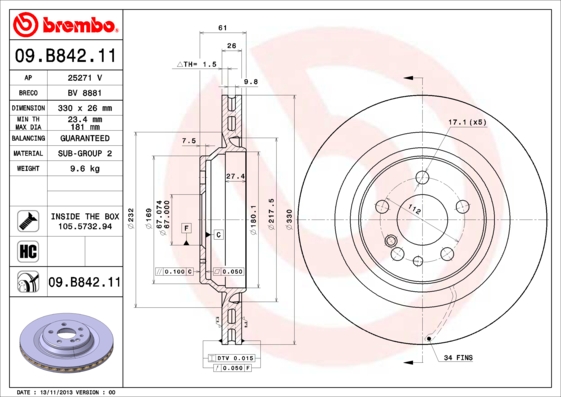 A.B.S. 09.B842.11 BREMBO COATED DISC LINE Bremsscheibe