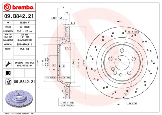 A.B.S. 09.B842.21 BREMBO COATED DISC LINE Bremsscheibe