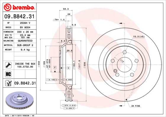 A.B.S. 09.B842.31 BREMBO COATED DISC LINE Bremsscheibe