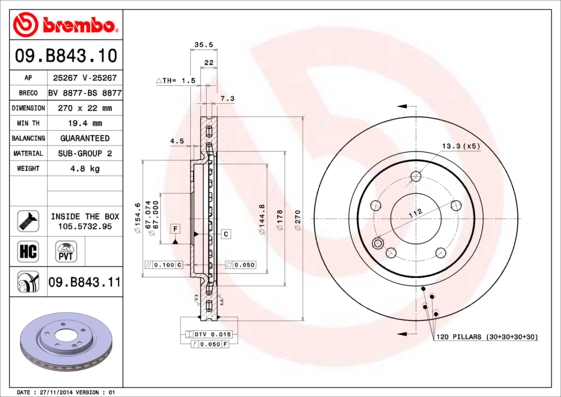 A.B.S. 09.B843.11 BREMBO COATED DISC LINE Bremsscheibe