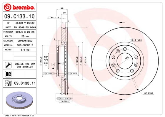 A.B.S. 09.C133.11 BREMBO COATED DISC LINE Bremsscheibe