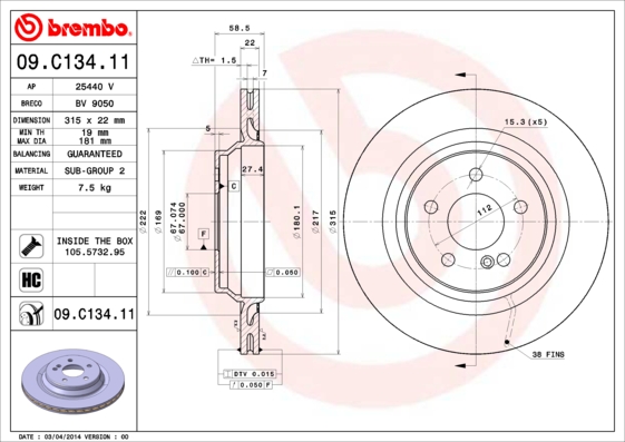 A.B.S. 09.C134.11 BREMBO COATED DISC LINE Bremsscheibe