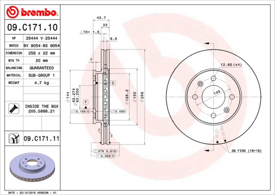 A.B.S. 09.C171.11 BREMBO COATED DISC LINE Bremsscheibe