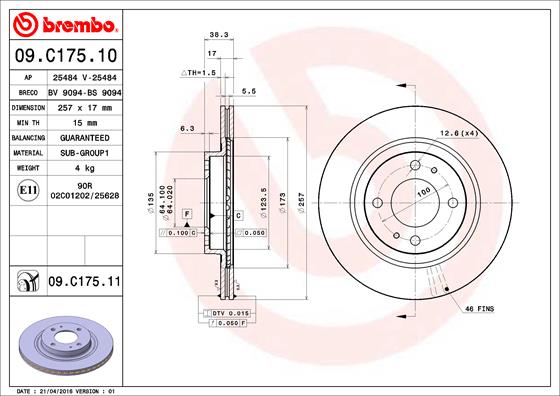 A.B.S. 09.C175.11 BREMBO COATED DISC LINE Bremsscheibe