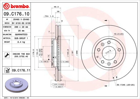 A.B.S. 09.C176.11 BREMBO COATED DISC LINE Bremsscheibe