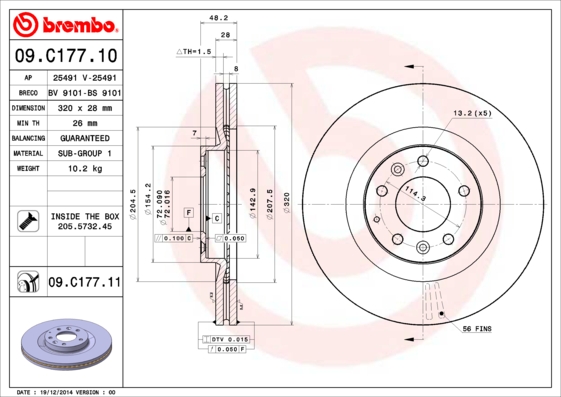 A.B.S. 09.C177.11 BREMBO COATED DISC LINE Bremsscheibe
