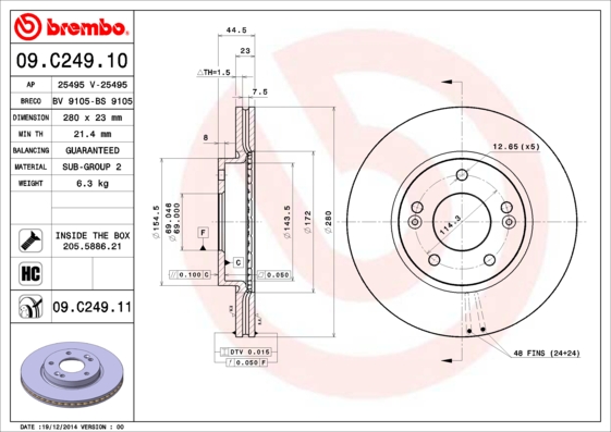 A.B.S. 09.C249.11 BREMBO COATED DISC LINE Bremsscheibe
