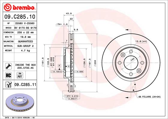 A.B.S. 09.C285.11 BREMBO COATED DISC LINE Bremsscheibe