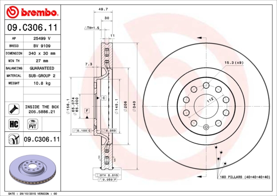 A.B.S. 09.C306.11 BREMBO COATED DISC LINE Bremsscheibe