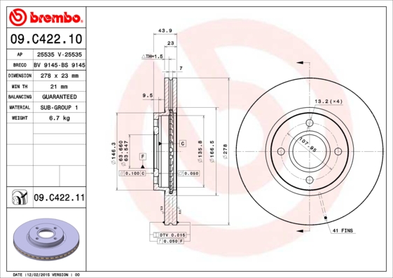 A.B.S. 09.C422.11 BREMBO COATED DISC LINE Bremsscheibe