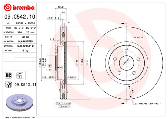 A.B.S. 09.C542.11 BREMBO COATED DISC LINE Bremsscheibe
