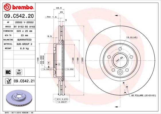 A.B.S. 09.C542.21 BREMBO COATED DISC LINE Bremsscheibe